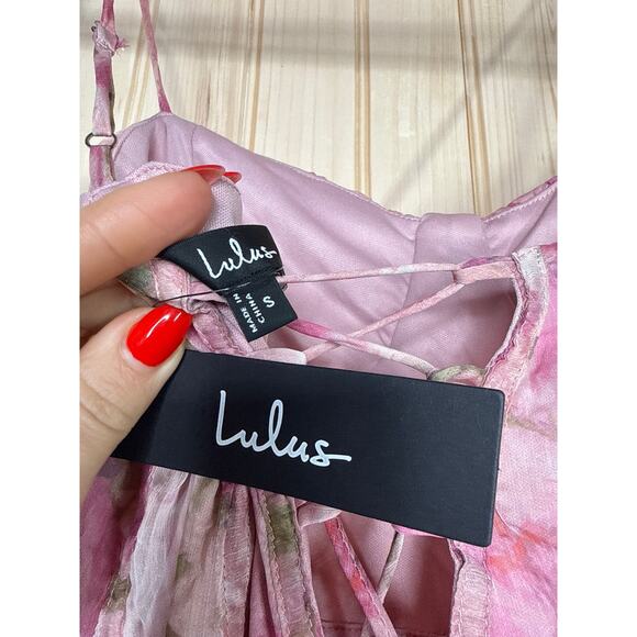 NWT Lulus Novella Pink Floral Ruffled Bustier Lace-Up Maxi Dress Gala Size S - Picture 9 of 11